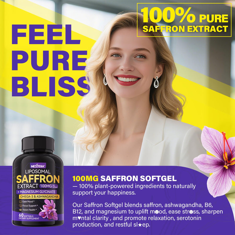 Saffron+Magnesium Glycinate+Omega-3- Mood+ Calm Focus Supplements,100% Pure | Saffron Extract 100mg-Liposomal Saffron Supplements w/Turmeric, Ashwagandha, Vit B6, B12, D3 for Brain,Energy, 120 Softgels. 60 Count (Pack of 2)