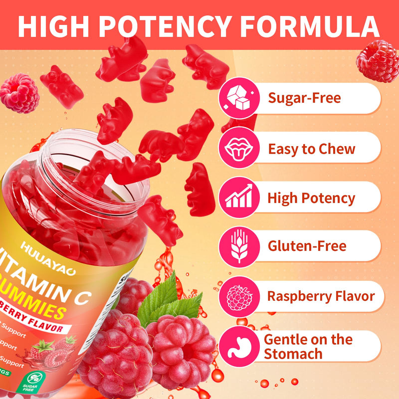 Vitamin C Gummies for Adults, Chewable Vitamin C Gummies for Antioxidant & Collagen Support, Vegan, Non-GMO, Sugar-Free, Raspberry Flavor, 120 Count 120 Count (Pack of 1)