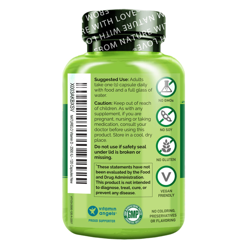 NATURELO Vitamin D3 2500 IU, Joint Support & Bone Health, 120 Count | Vegan D3 Supplement, Vitamin D Supplements for Immune System, Plant-Based Capsules, Non-GMO, Gluten Free Unflavored 120 Count (Pack of 1)