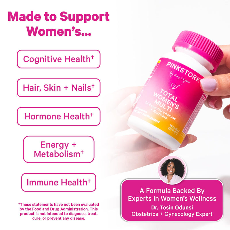 Pink Stork Total Women's Multivitamin, 19 Essential Vitamins, 30 Capsules | Energy, Metabolism, Hormone Support, Immune & Mood Support with B6, B12, Biotin, Iron & Zinc