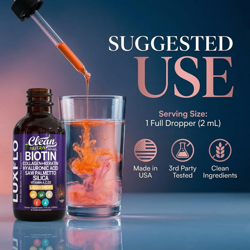 Liquid Biotin & Collagen Keratin Hyaluronic Acid Saw Palmetto Drops Vitamins for Hair Growth Support Silica Vitamin A C D Bamboo Turmeric Zinc Folate Magnesium Horsetail LuxFlo By Clean Nutra 1