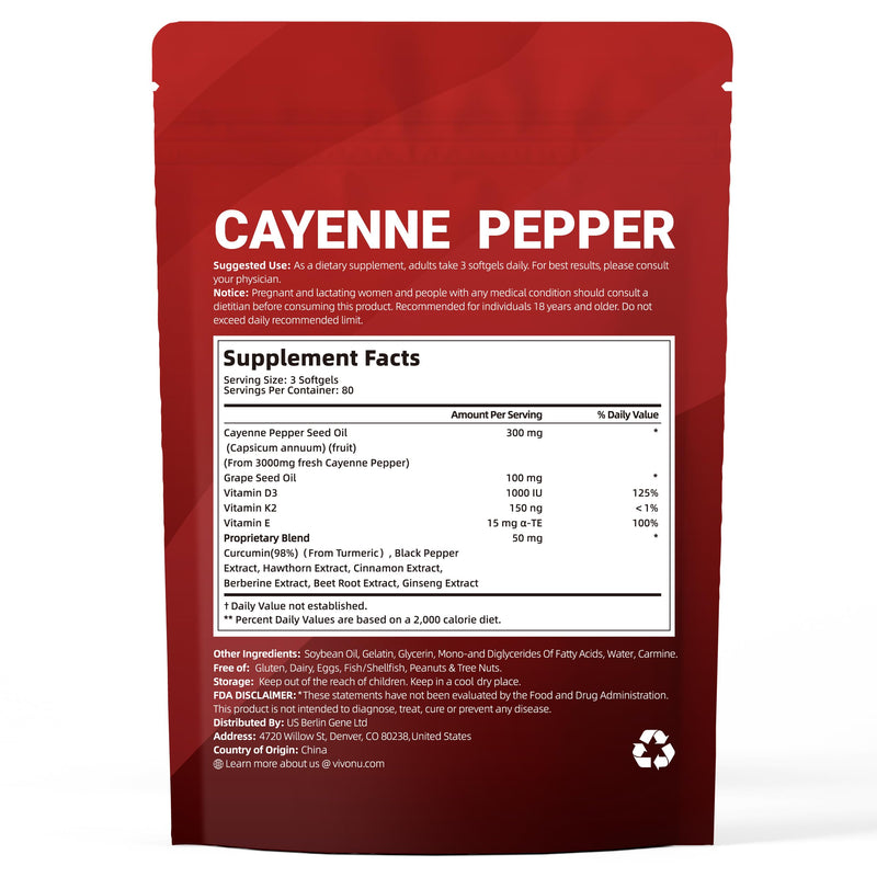VivoNu Cayenne Pepper Softgels | Leg Vein & Heart Support, Hawthorn, Beetroot & Berberine (2 Bag) | Supports* Leg Vein, Heart & Blood Vessel Health; Vitamin E, D3+K2, Grape Seed, Hawthorn, Beetroot & Berberine 2 Bag