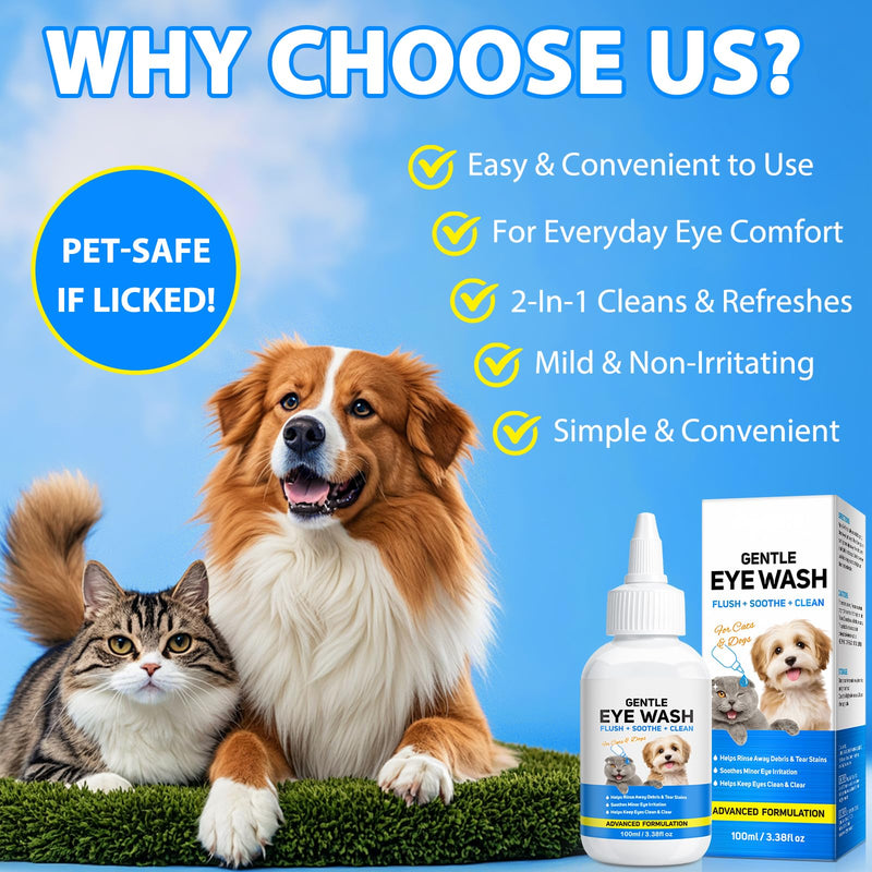 Eye Wash for Dogs & Cats, Soothing Eye Drops for Dog & Cat Relieve Itching & Irritation, Natural Formula Supports Daily Cleaning & Tear Stain Removal