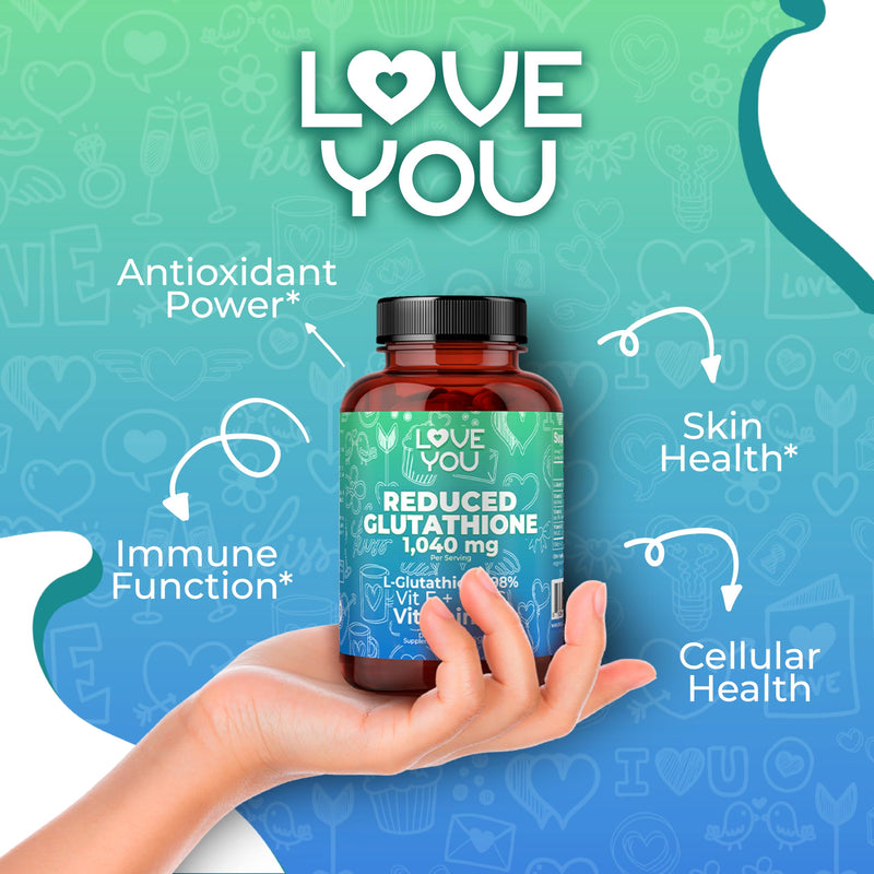Love You Reduced Glutathione 98% Purity 1040 mg + Vitamin C, E & D3 - Intracellular Antioxidant - Supports Detoxification & Immune Function - 120 Veggie Caps, 30 Servings