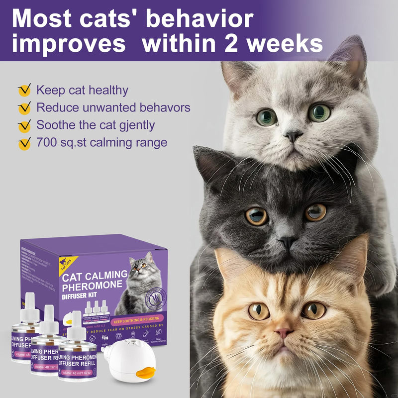 Cat Calming Diffuser Kit, 1 Diffuser + 3 Refills Pack,Discourage Scratching, Excessive Meowing & Urine Marking, Gentle Calming Support