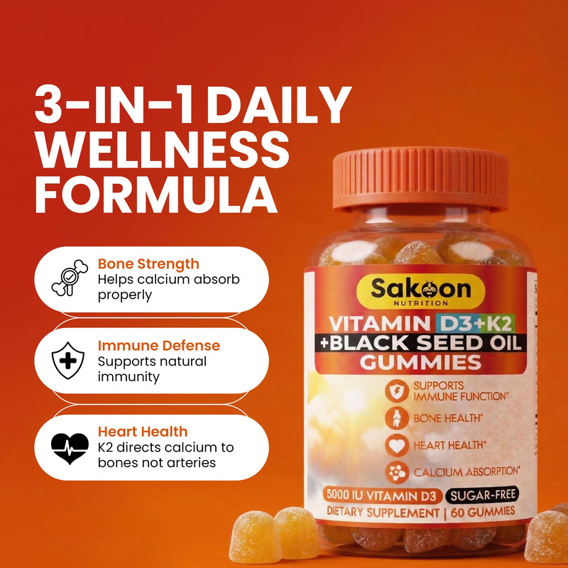 Sakoon Vitamin D3 K2 Gummies 5000 IU for Women & Men | with K2 MK7 & Black Seed Oil | Bone Strength, Calcium Absorption & Immune Support | Sugar-Free, Non-GMO, Gluten Free | 60 Gummies Chewables