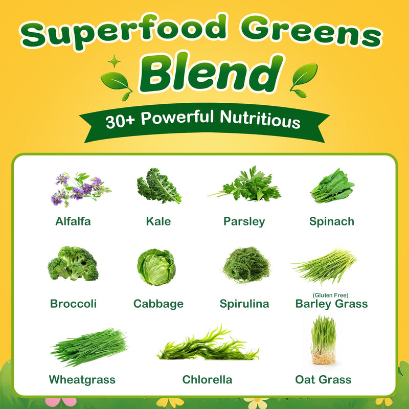 Greens Daily Gummies for Kids, Sugar Free Super Greens Gummies Kids Superfood Multivitamin Gummies with Fruits, Veggies, Alfalfa, Spirulina, Adaptogens, Prebiotic Fiber for Digestive Health, 90 Count