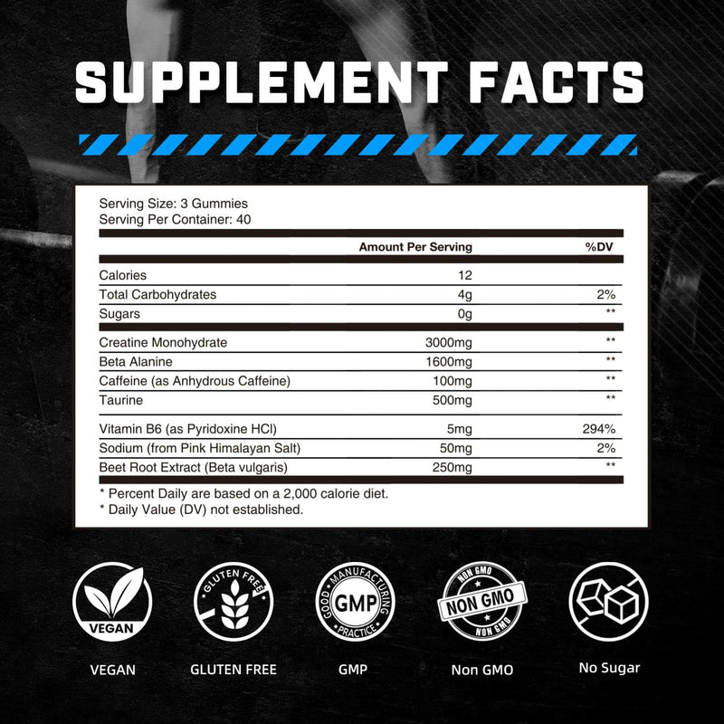 Pre Workout Gummies for Men & Women,Cheweable|Sugar-Free|PreWorkout Energy Gummies with Creatine Monohydrate, Beta-Alanine,Taurine for Strength & Endurance,120 Gummies, Blueberry Flavor - BeesActive Australia