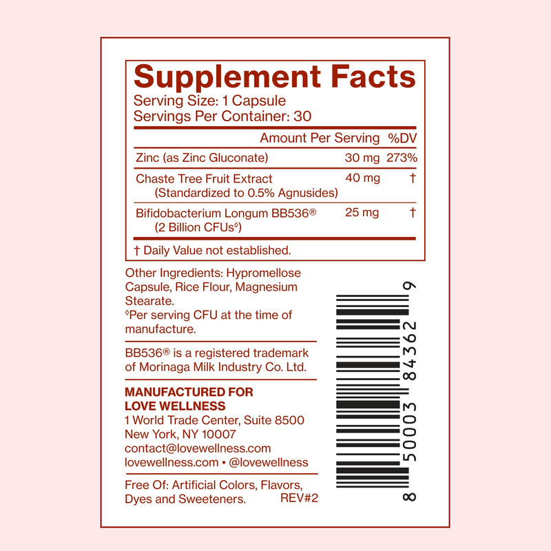 Love Wellness Clear Skin Probiotic| Zinc,Bifidobacterium,Chaste Tree| 30 Ct | BB536, Sugar free, No artificial colors, flavors & dyes