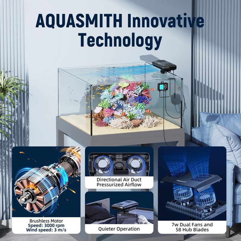 AQUASMITH Aquarium Chiller Fan,Fish Tank Cooler with Temperature Control,Minimum Setting 59℉,Auto Start/Stop,Refrigeration Effect 3-7℉,3-Speed Modes,for Axolotl Seawater Freshwater Coral Grass Tank Black