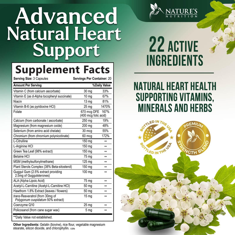 Heart Health Supplement – Complete Heart Support Formula for Women & Men - with CoQ10, B Vitamins, L-Arginine, Hawthorn, Resveratrol - Natural Nitric Oxide Energy Production - Made USA – 60 Capsules 60 Count (Pack of 1)