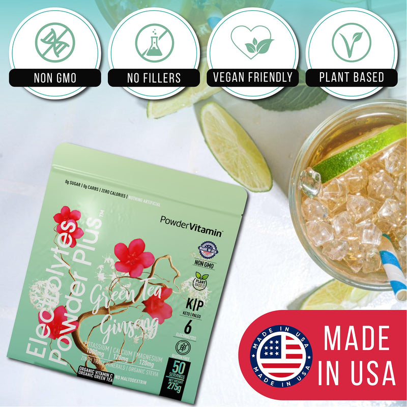 PowderVitamin Electrolytes Powder Plus - 50 Servings - Green Tea Ginseng | Sugar-Free Hydration Powder, 1000mg Potassium, 120mg Magnesium, 120 mg Calcium, Himalayan Salt, Vitamin C & Zinc, USA Made