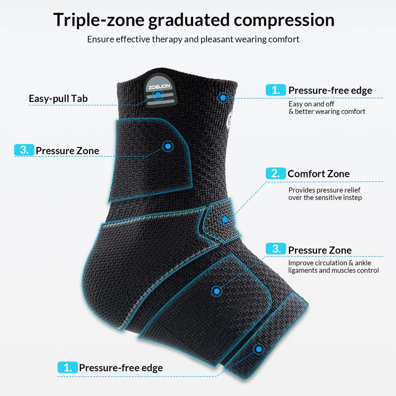 ZOELION Ankle Brace Compression Support with Removable Fishnet Strap, 3D Knit Plantar Fasciitis Relief Achilles Tendonitis Brace, Ankle Compression Sleeve for Pain Relief & Injury Healing, Black/L Large Black（Pack of 1）