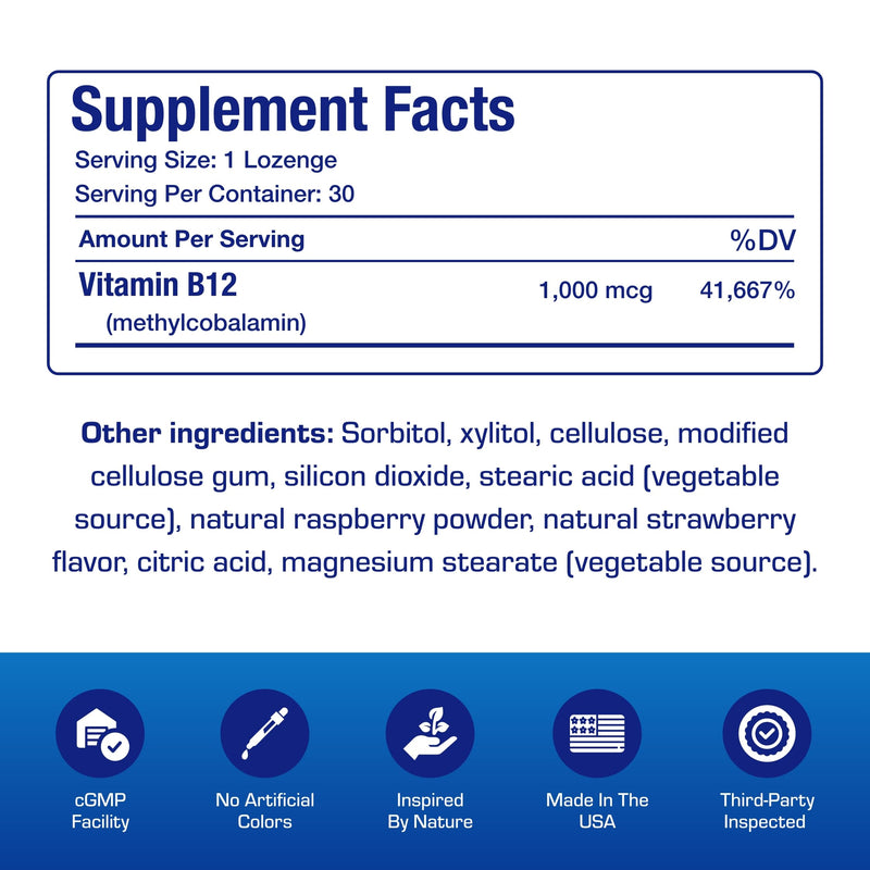 Vitamin B12 Methylcobalamin 1000 mcg - Clinical Formula Methyl B12 Sublingual 1000 mcg Tasty Lozenges for Energy Eye Nerve and Brain Support for Men and Women - 30 Count (Berry Flavor)