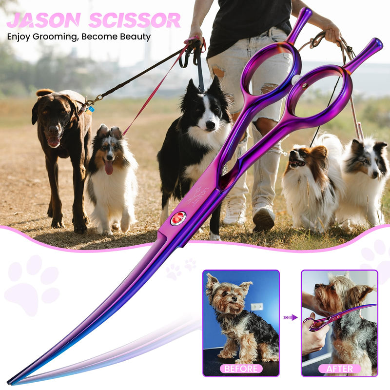 JASON Professional Curved Dog Scissors - 7.5" Grooming Scissors for Dogs Japanese Stainless Steel Pet Scissors for Grooming Scissors for Dogs Cats (Upward Curved, Purple) Tl-cu - BeesActive Australia