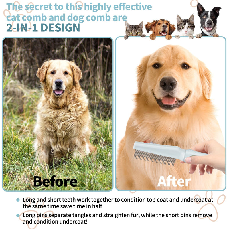 Ropo Pet Grooming Comb for Dogs and Cats, Flea Comb, Long Handled Pet Comb 2 in 1 Long and Short Stainless Steel Metal Teeth for Tangle and Knot Removal - Detangling Brush - BeesActive Australia