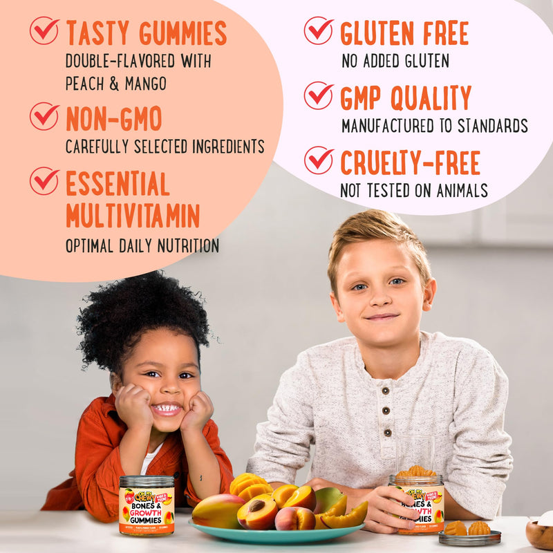 Fluffy Height Growth Vitamin Gummies for Kids & Teens - Grow Taller | Growing Up and Teeth & Bones Support, Calcium, Zinc, Vitamin D3, K2, Spirulina and Astragalus - Peach & Mango