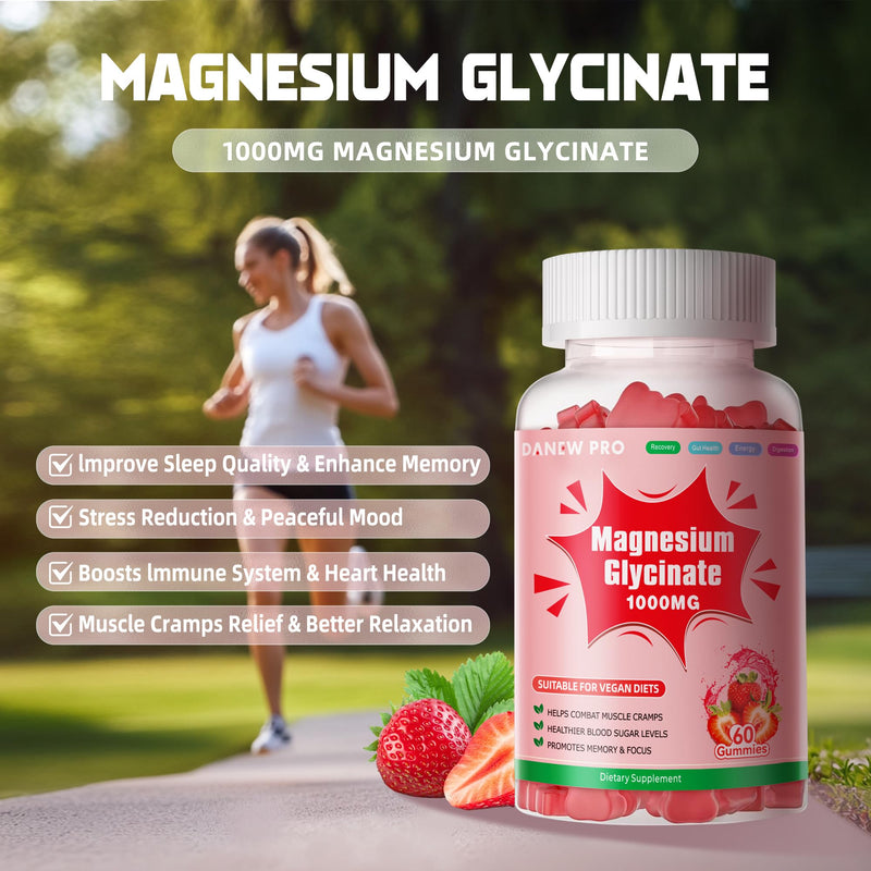 Magnesium Glycinate Gummies 1000mg - Sugar Free Magnesium Potassium Supplement with Vitamin D, B6, CoQ10 for Calm Mood & Sleep Support - 60 Strawberry Gummies 60 Count (Pack of 1)