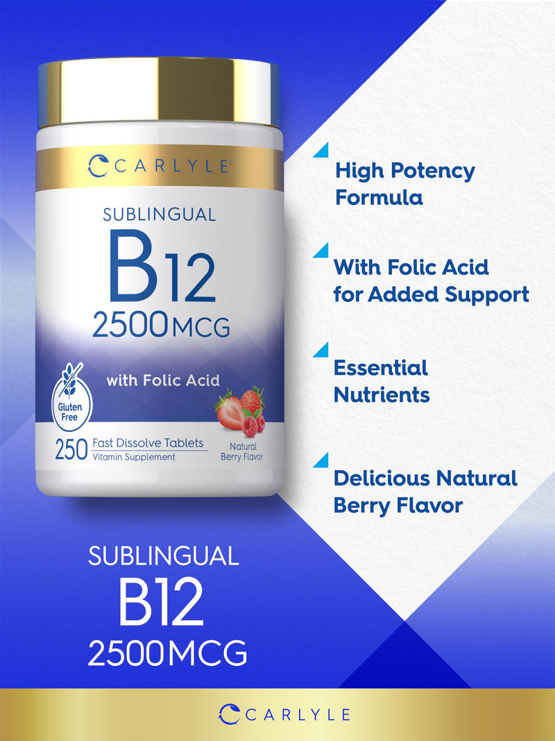 Carlyle Vitamin B12 Sublingual 2500 mcg | 250 Fast Dissolve Tablets | Cyanocobalamin Supplement With Folic Acid for Adults | Natural Berry Flavor | Vegetarian, Non-GMO, and Gluten Free