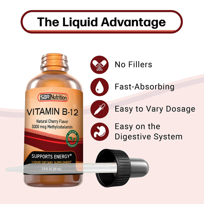 SBR Nutrition Vitamin B12 Sublingual Liquid Drops - Methylcobalamin, VIT B 12 Supports Energy, Max Absorption, 3000mcg Per Serving, 60 Servings, Non-GMO, Vegan Friendly, Manufactured in The USA Natural Cherry - 3000mcg