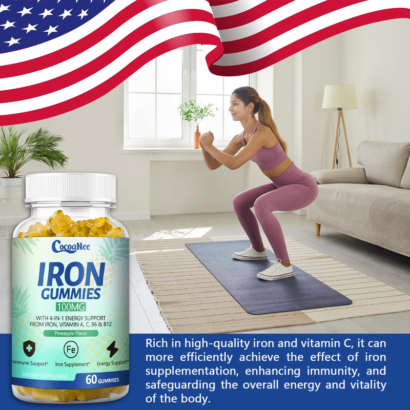 2 Pack 100MG Iron Supplements, Iron Gummies for Women & Men - Vitamin C, A, B12 - Complex, Improve Absorption, Energy Boost, Iron Deficiency for Adults & Kids - Complex Folate, Zinc, 120Cts 60 Count (Pack of 2)
