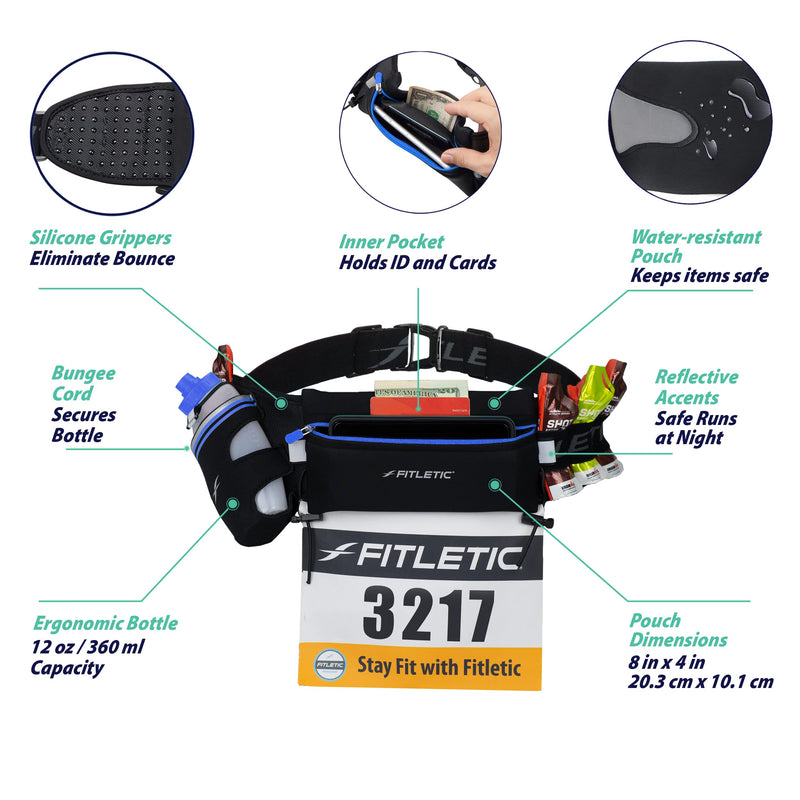 Fitletic Hydration Running Belt With 12oz Quick Flow Water Bottle For Men & Women –Race Belt, Gel Holder & Bib Toggles Patented Bounce Free Design, Water Resistant Fits All Phones –Fully Loaded Black S/M (24"-34")