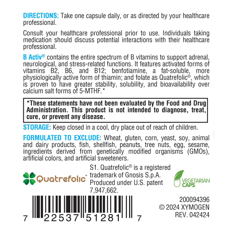 XYMOGEN Vitamin B Complex - B-Activ Activated B Vitamins with Benfotiamine & Quatrefolic - for Adrenal, Immune & Nervous System Support* - Gluten-Free & Vegetarian - 30 Capsules