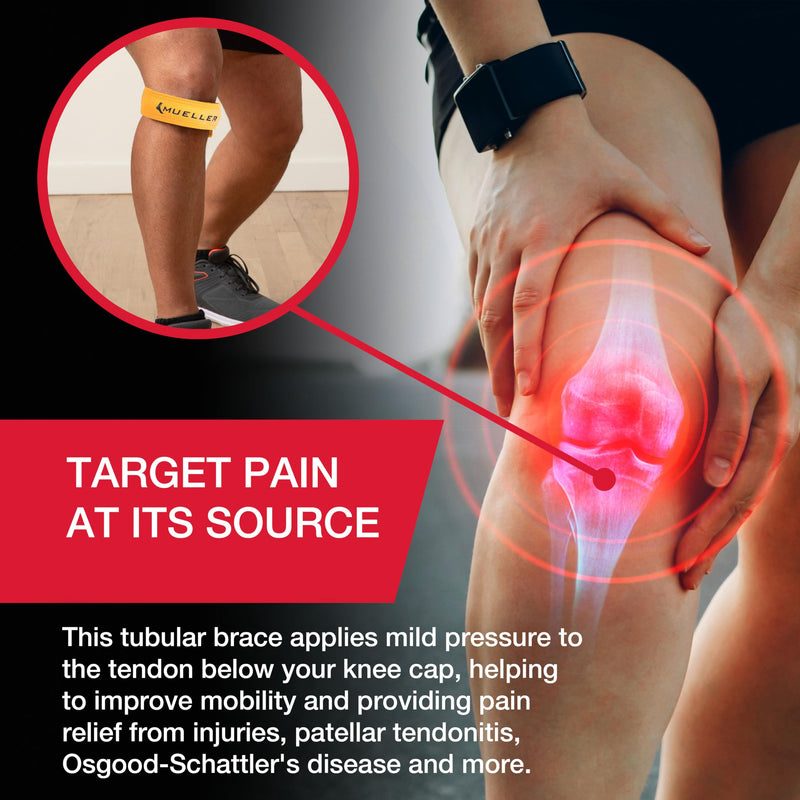 MUELLER Sports Medicine Jumper's Knee Single Strap for Men and Women, Knee Compression and Pain Relief Support, Ideal for Osgood-Schlatter's, Patellar Tendinitis, One Size Gold One Size (Pack of 1) - BeesActive Australia