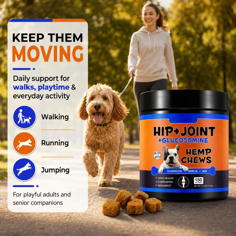 Hip & Joint Glucosamine Hemp Chews for Dogs (Duck Flavour | 150 Soft Chews) – Mobility Support Supplement with Chondroitin MSM, Joint Pain Relief & Flexibility Support