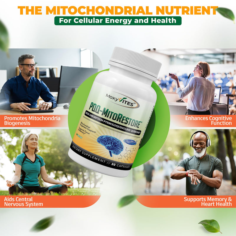 PQQ MITORESTORE Brain Supplements for Memory and Focus - Mitochondria Supplement with BioPQQ 20mg - Purest Form NOT Chemically Synthesized, Cognitive and Heart Support - 30 Vegan Capsules, Non GMO