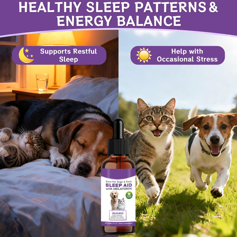 Cats＆Dogs Melatonin Calming Drops, Dog Anxiety Relief from Fireworks, Separation＆Travel Stress, Helps Cats Good Behaviour and Sleep with Natural Ingredients (60ml)