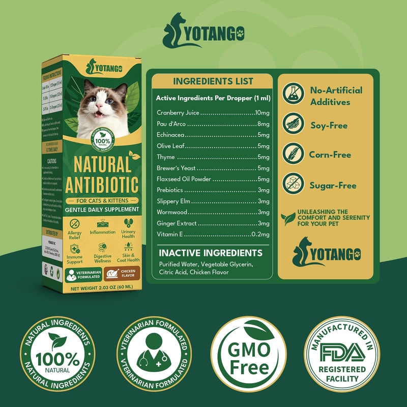 YOTANGO Natural Antibiotics for Cats, Cat Antibiotics for UTI & Itch Support, Immune, Digestive, Allergy, Skin & Coat Support for Cats and Kittens, for All Ages & Breeds (Chicken Flavor-60ml 2 Pack) 2 PCS