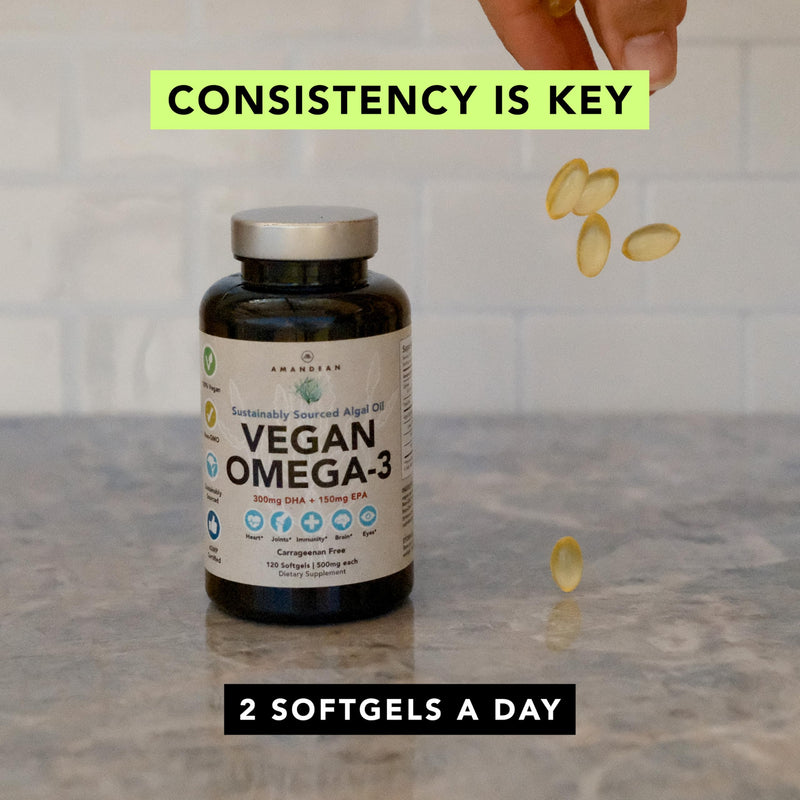 AMANDEAN Vegan Omega-3 Supplement, Algal Oil Algae DHA EPA Softgels, 60ct | Algal oil, plant-based fish oil alternative; vegetarian omega 3, DHA & EPA 60 Count (Pack of 1)