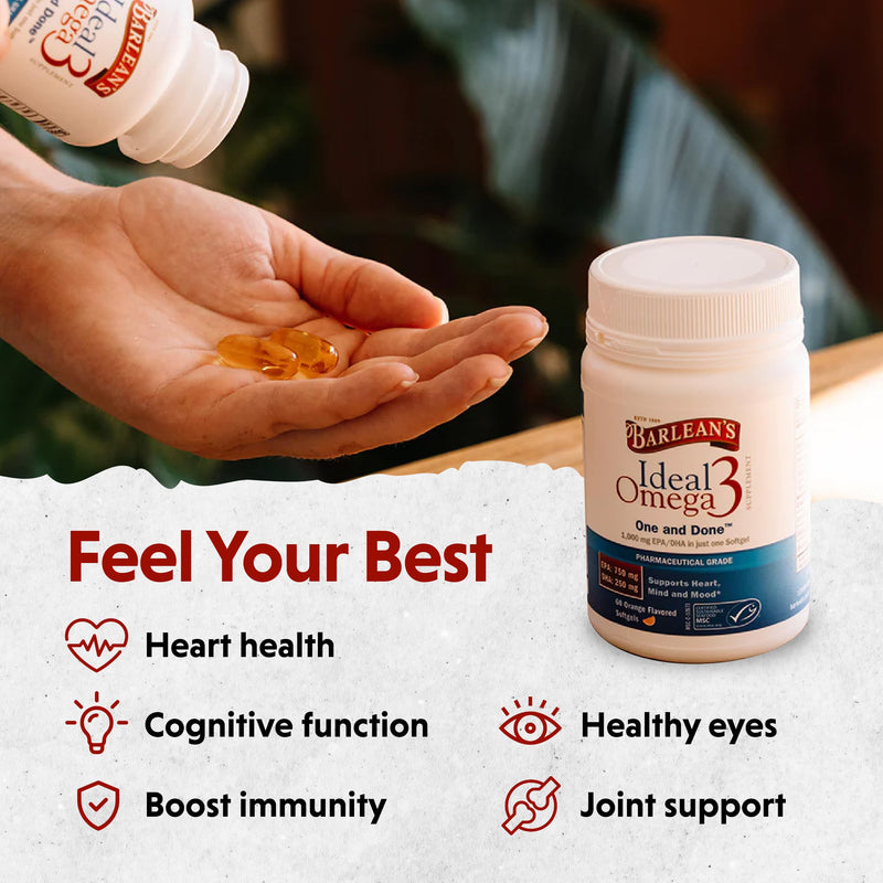 Barlean's Ideal Omega 3 Nutritional Supplement Softgels with 1,000mg EPA/DHA for Heart, Mind, and Mood - Certified Sustainable Seafood, Pharmaceutical Grade - 30-Count | Wild-caught fish oil, EPA DHA omega-3, 1 softgel daily, Burpless, Non-GMO, Gluten-...