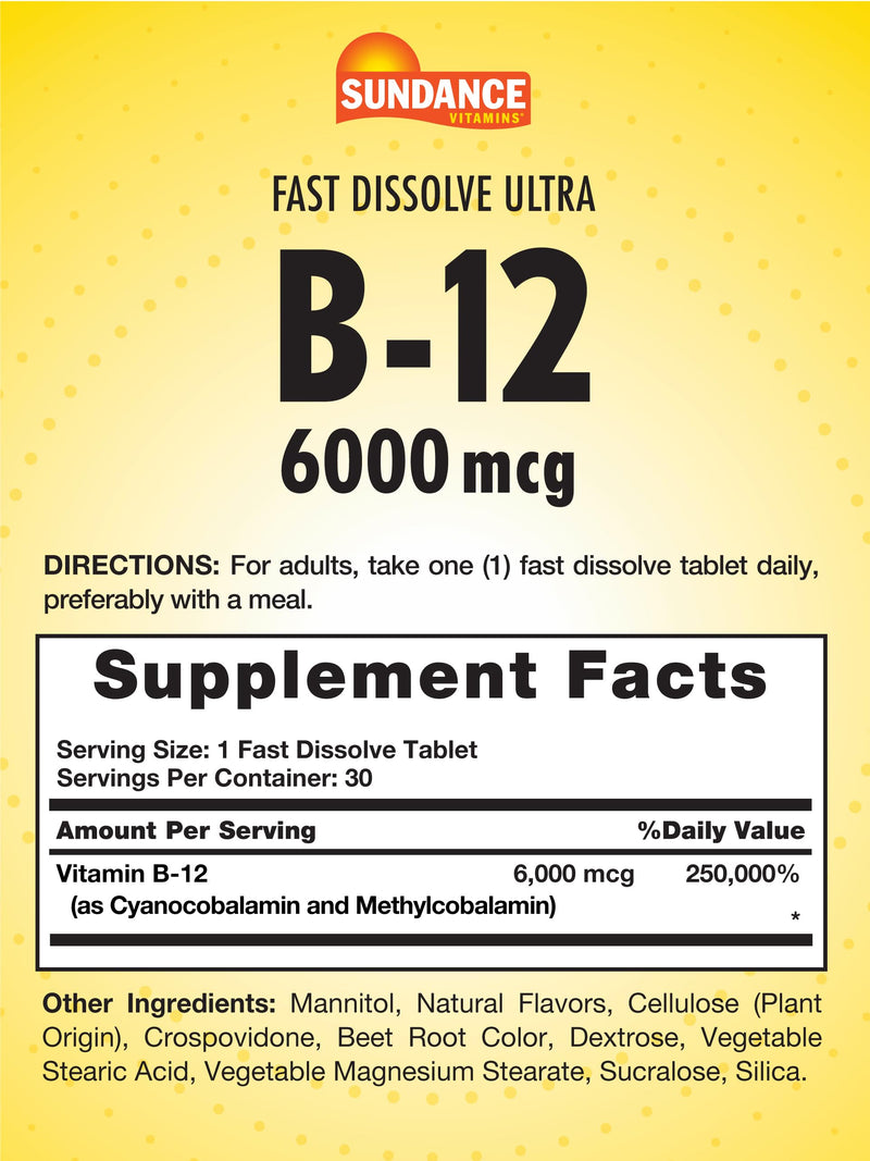 Sundance Fast Dissolve Vitamin B-12 | 6000mcg | 30 Tablets | Natural Berry Flavor | Vegetarian, Non-GMO, and Gluten Free Supplement | Natural Berry Flavor | Vegetarian, Non-GMO, and Gluten Free Supplement