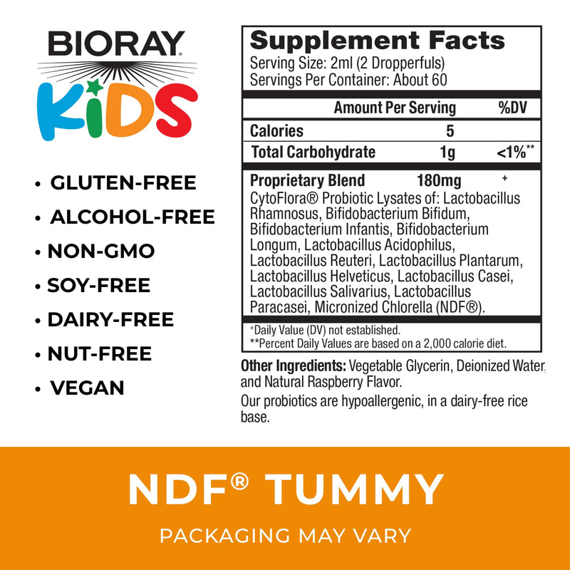 BIORAY Kids NDF Tummy, Raspberry - 4 fl oz (120 mL) - 11-Strain Probiotic Blend - Supports the Immune Response in the GI Tract - Non-GMO, Vegan, Gluten Free - Approx. 120 Servings