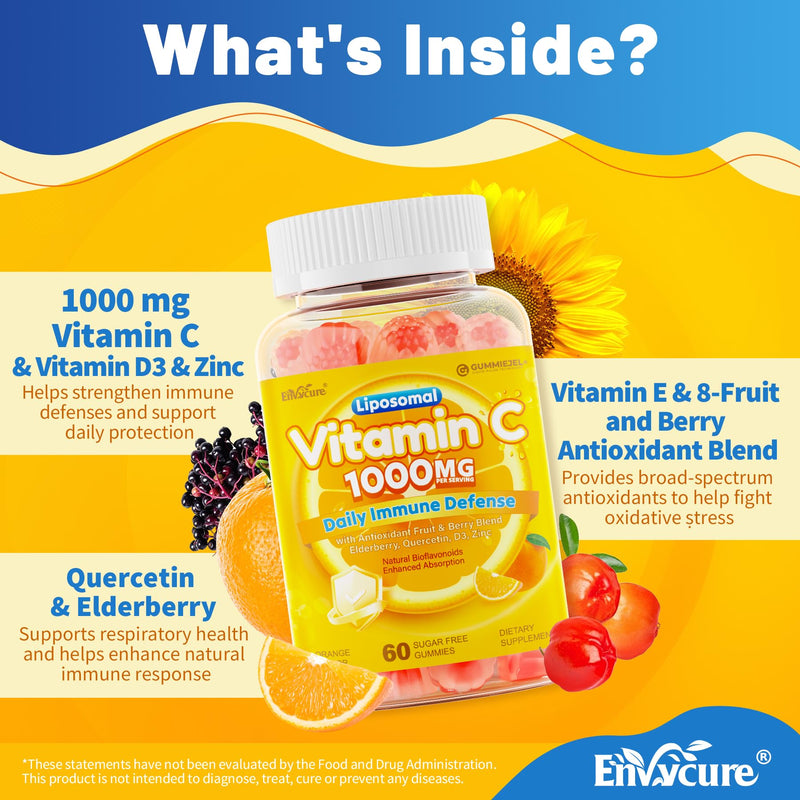 Liposomal Vitamin C Gummies 1000mg for Adults, High Absorption, 60 Servings | 15 IN 1 Chewable VIT C Supplement w/ D3, Zinc, Elderberry, Quercetin for Immune, Antioxidant, Energy Boost, Vegan, Sugar Free 60 Count (Pack of 1)