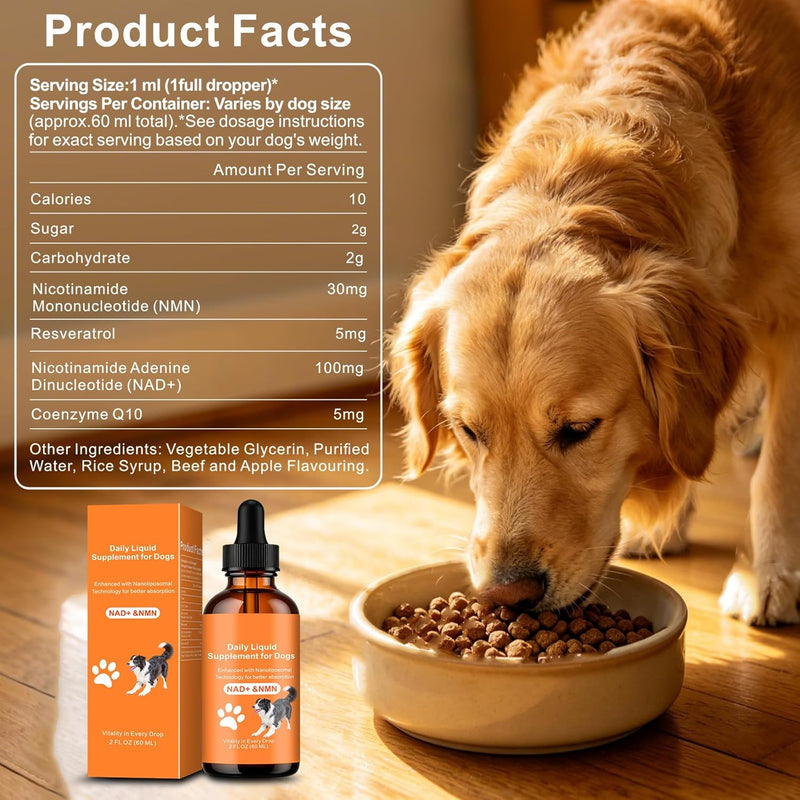 NAD+ for Dogs - Longevity Supplements for Dogs Energy, Vitality, Healthy Aging, Cognitive Health - Senior Dog Supplement with NR, Trans-Resveratrol, Quercetin, Glucosamine HCI - 60ML