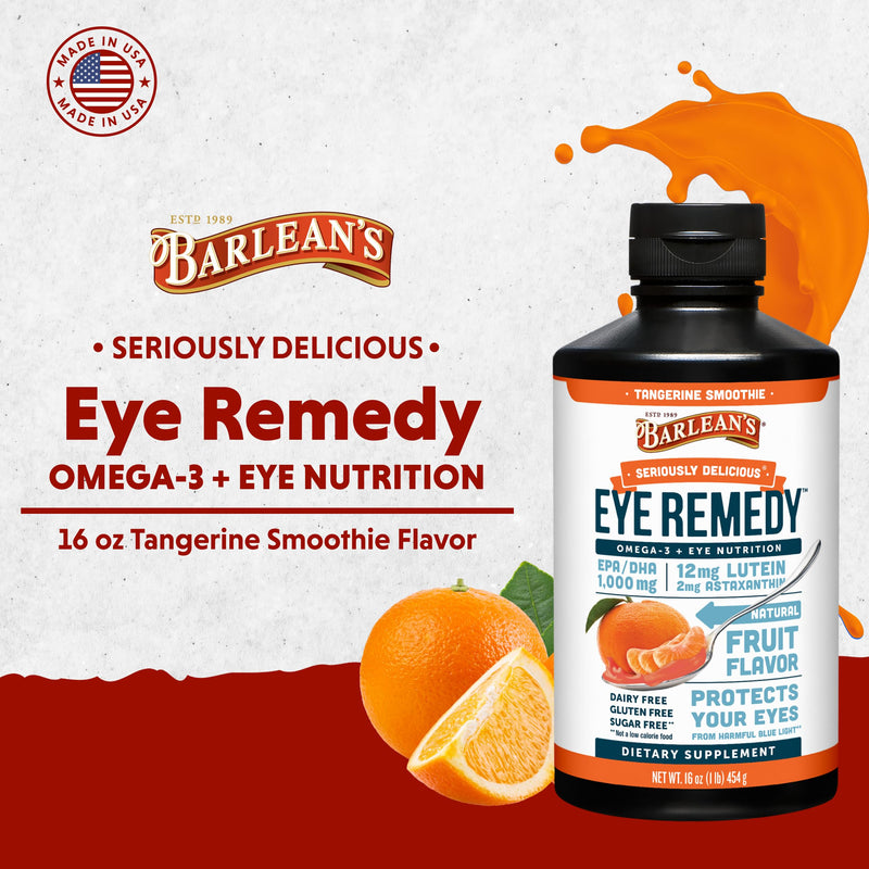 Barlean's Tangerine Omega-3 Eye Remedy Fish Oil, 1000mg EPA & DHA, 16oz | Lutein, zeaxanthin, astaxanthin, eye and vision support, EPA DHA omega-3, tangerine smoothie, blue light, non-GMO Eye Remedy - Tangerine Smoothie 16 Fl Oz (Pack of 1)