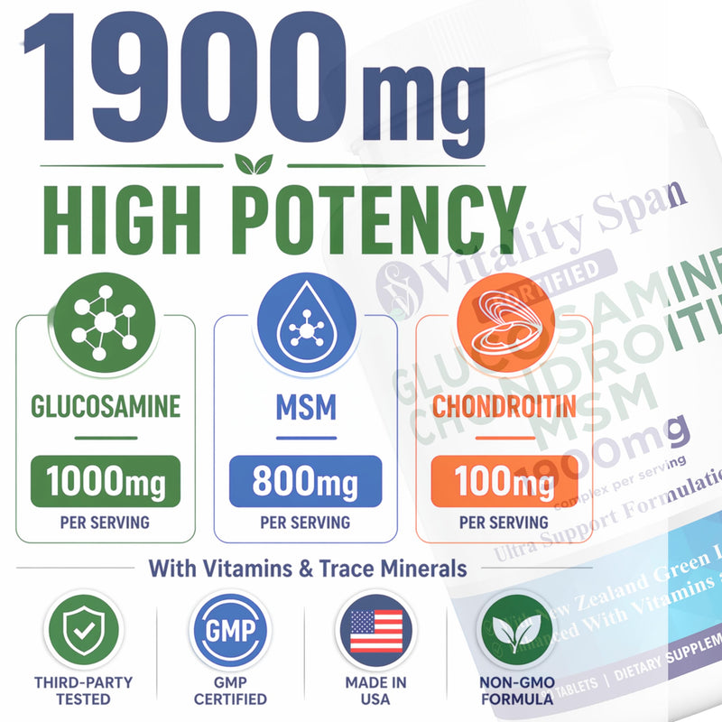 Glucosamine Chondroitin MSM Supplement 1900mg – Glucosamine Sulfate, MSM Supplement & Chondroitin Sulfate – High Potency Complex with Green Lipped Mussel – 90 Tablets