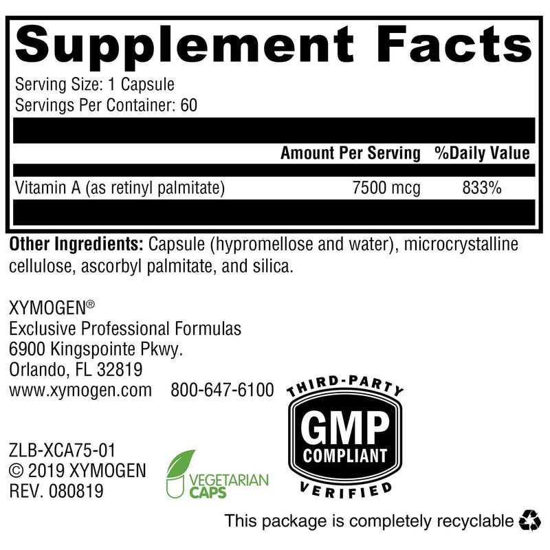 XYMOGEN Xcellent A 7500, 60 Capsules | Supports Immune Function, Cellular Health, and Mucosal Surfaces, Vitamin A as Retinyl Palmitate