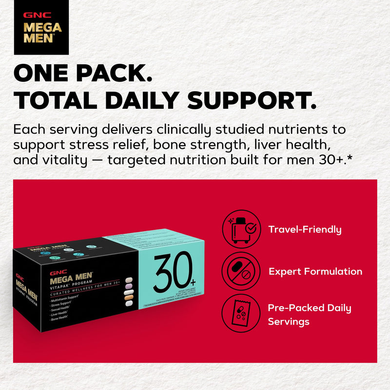 GNC Men's 30+ Vitapak Program, 5-in-1 Multivitamin, 30 Servings | Supports Healthy Bones, Promotes Relaxation with Theanine, Supports Liver Function with Milk Thistle, Antioxidant Support