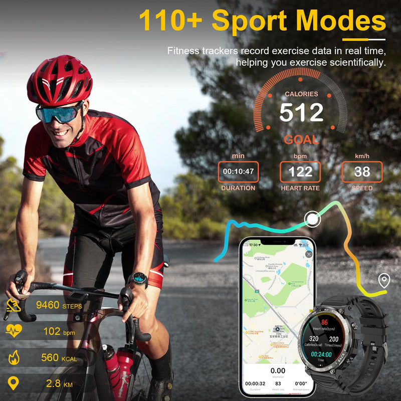 Smart Watches for Men-Bluetooth Call, 1.52" Military Smart Watch for Android iPhone, Waterproof Fitness Tracker Watch with Sleep Tracker, 118 Sports Modes, GPS Pedometer/Step Counter for Walking Black 1.52"