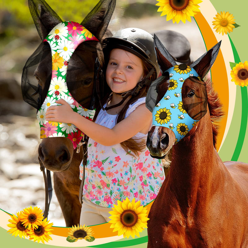 Weewooday 2 Pieces Horse Fly Masks for Horses Soft Fly Masks for Horses with Ears Smooth and Elasticity Fly Mask with UV Protection(L, Flower Patterns) L - BeesActive Australia