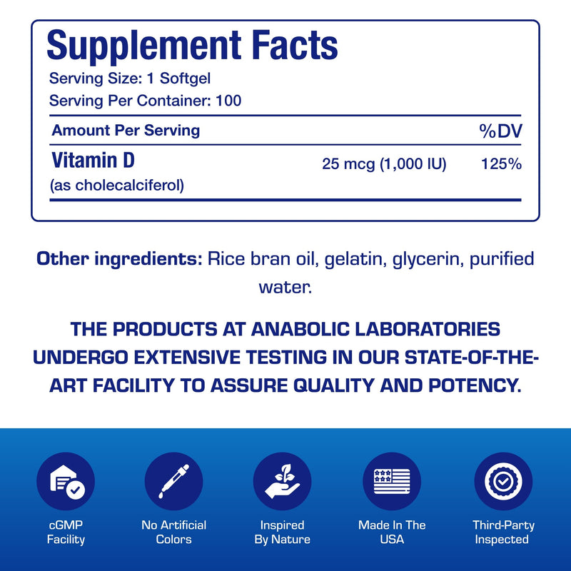High Absorption Vitamin D3 1000IU - Clinical Formula Adult Vitamin D Supplement for Men and Women for Bone Teeth Muscle Mood and Immune Support - Easy to Swallow VIT D3 25 mcg - 100 Servings