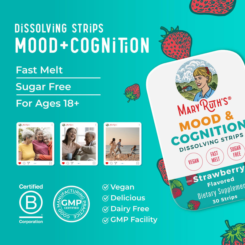 MARYRUTH'S Mood & Cognition Dissolving Strips, Vitamin B12, 30 Count | Vitamin B12, Vitamin B6, Saffron, Folate, Sugar Free