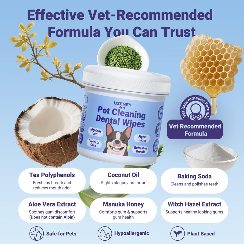 Pet Teeth Cleaning Wipes for Dogs&Cats, 60 pcs Dental Finger Wipes, Larger Sized, Plant Extract Ingredients Refresh Breath & Control Plaque & Protect Gum, Dog Tooth Brushing Kit, Unscented