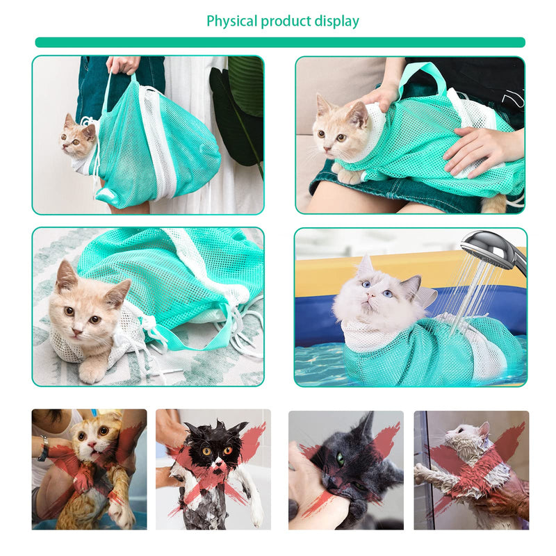 Adjustable Multifunctional Anti-Bite Shower Net, Cat Grooming Mesh Bag, Cat Bath Brush and Pet Finger Toothbrush (B-Green) B-Green