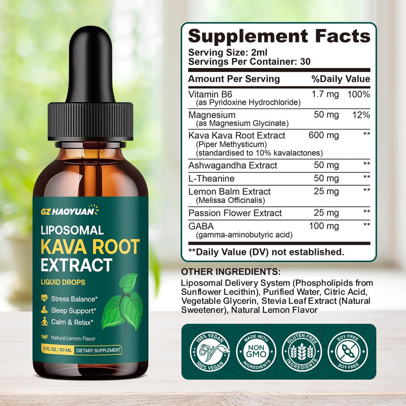 Liposomal Kava Kava Drops for Calming & Relaxation ‚Äì Kava Root Extract Supplement with GABA, Ashwagandha & Magnesium - Support Mood & Better Sleep, Fast-Absorbing Vegan Kava Liquid Drops Lemon 2 Fl Oz
