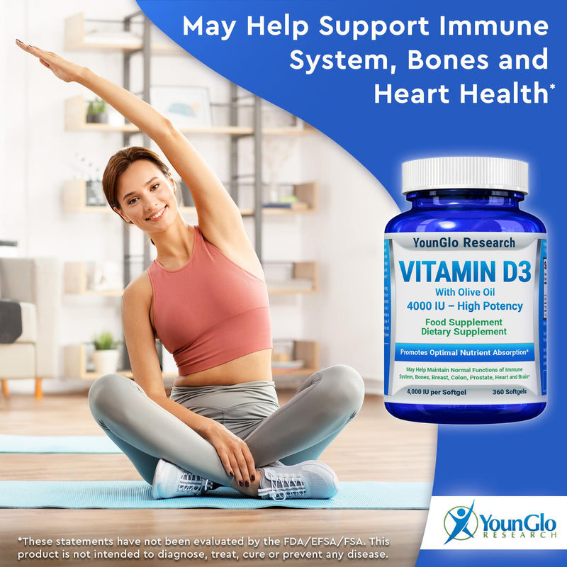 Vitamin D3 4000 IU Dietary Supplement - 360 Softgels - Bone & Immune Health | YounGlo Research GMP-certified, easy-to-swallow Vitamin D3 w/ olive oil promotes calcium absorption, bone strength & immunity